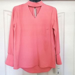 S Petite Pink Keyhole Longsleeve Blouse